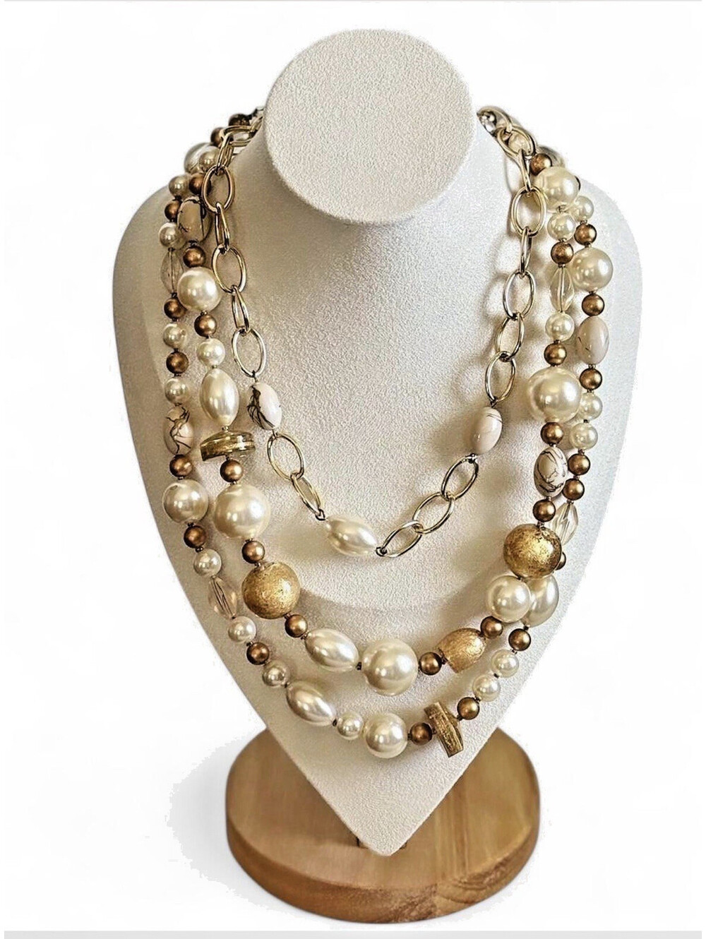 Gold Tone Baroque Faux Pearl Statement Necklace Layered Coastal Quiet Luxury